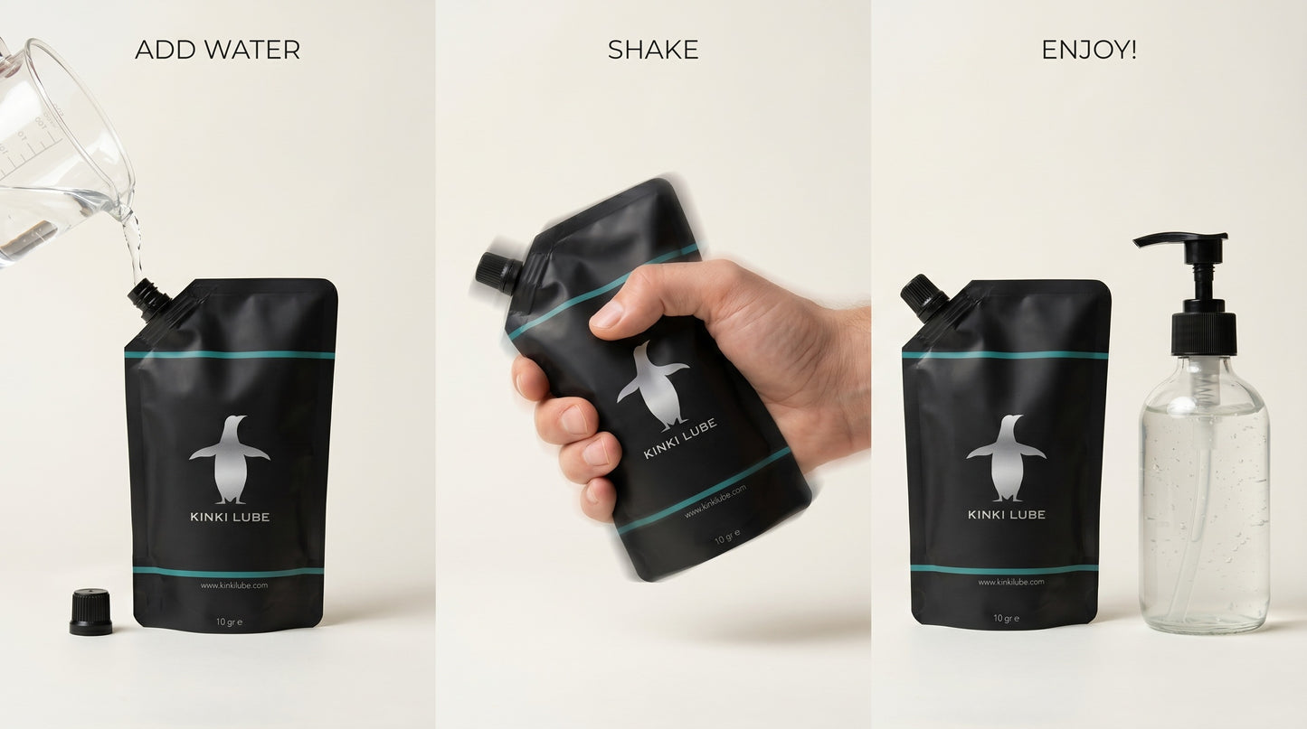 KinkiLube how it works: add water, shake, enjoy with pump bottle