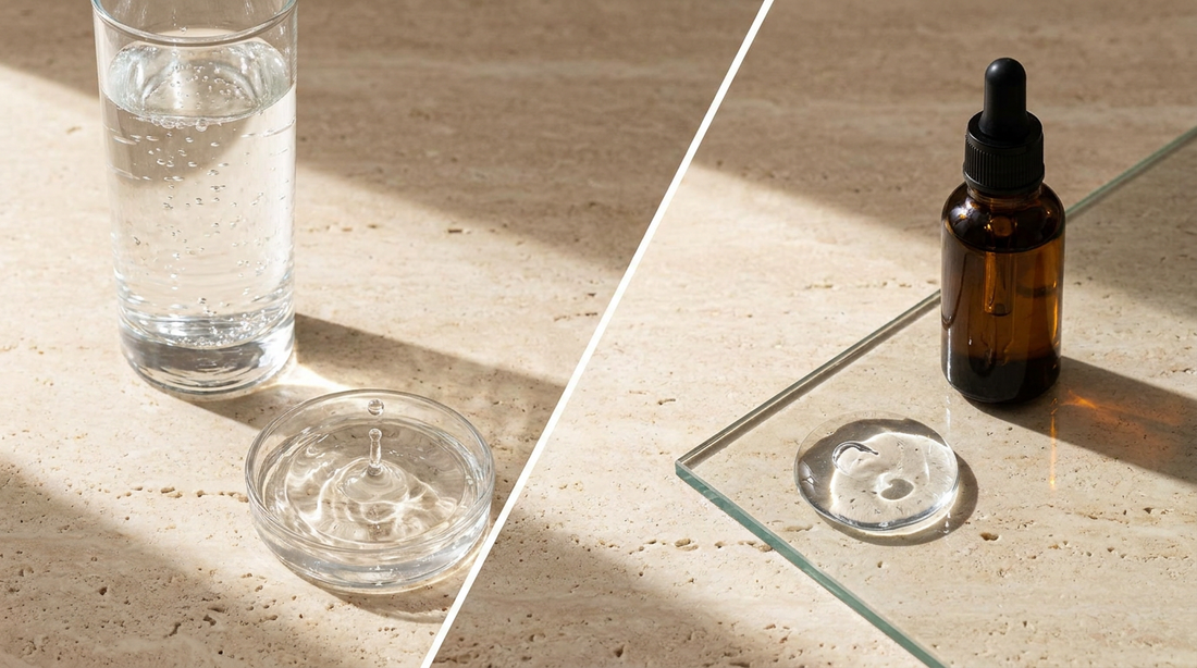 Glass of water vs silicone dropper bottle on travertine