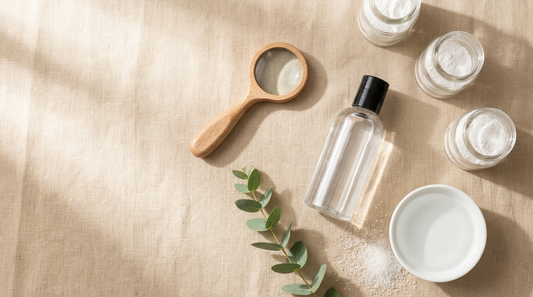 Generic clear bottle of personal lubricant on linen with glass jars, eucalyptus and water