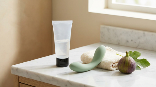 Generic lube bottle next to a sage green silicone toy on white marble