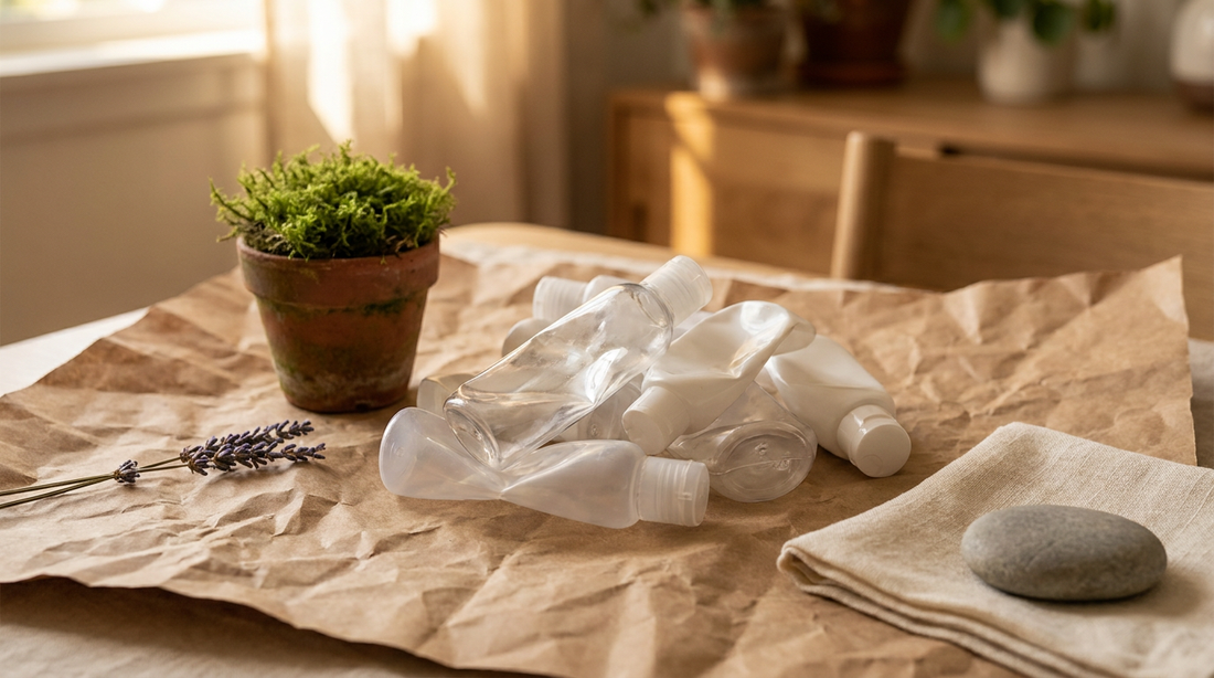 Pile of empty plastic lube bottles next to moss, lavender and linen