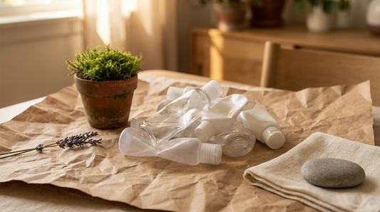 Pile of empty plastic lube bottles next to moss, lavender and linen