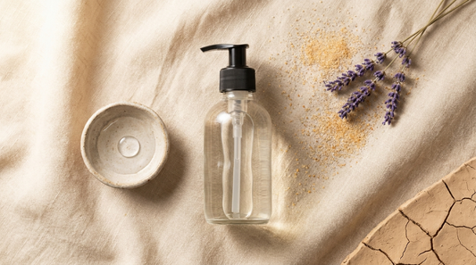 Clear bottle on linen with dried lavender, water drop, and cracked clay