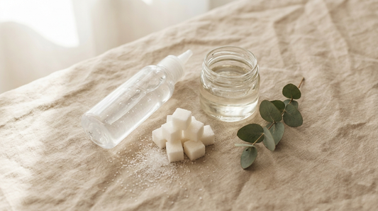 Generic lube bottle next to sugar cubes and syrup on linen