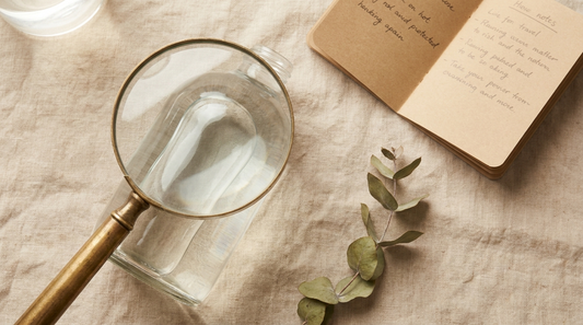 Magnifying glass over a generic bottle on warm linen