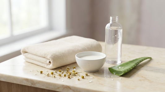 Soft cream cotton towel with milk bowl, aloe vera leaf, and chamomile flowers