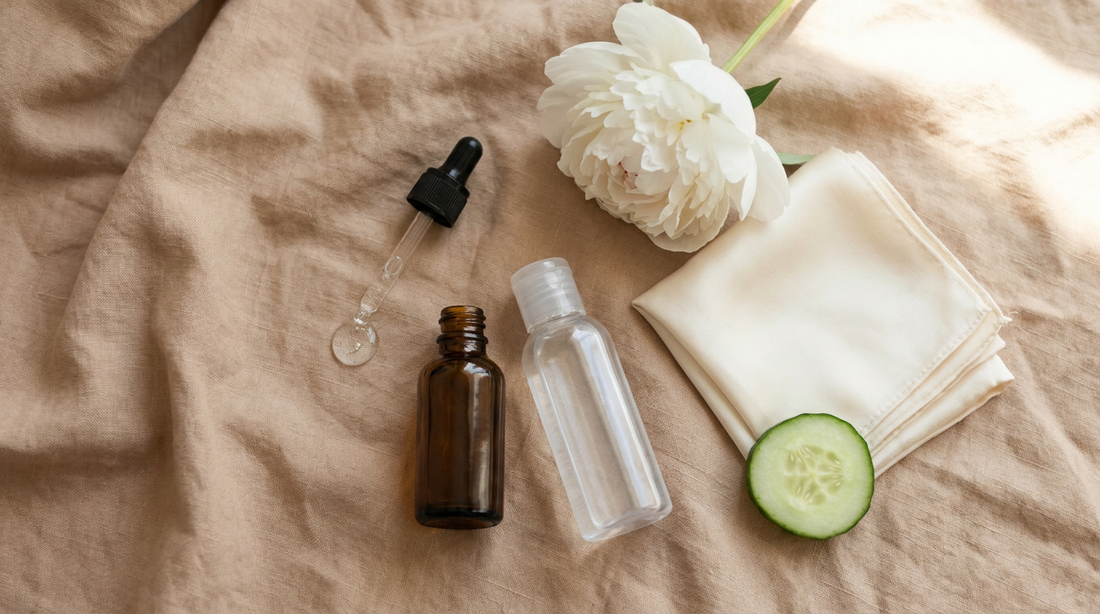 Amber dropper bottle of serum with generic clear bottle, cucumber slice and white peony