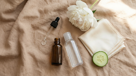 Amber dropper bottle of serum with generic clear bottle, cucumber slice and white peony