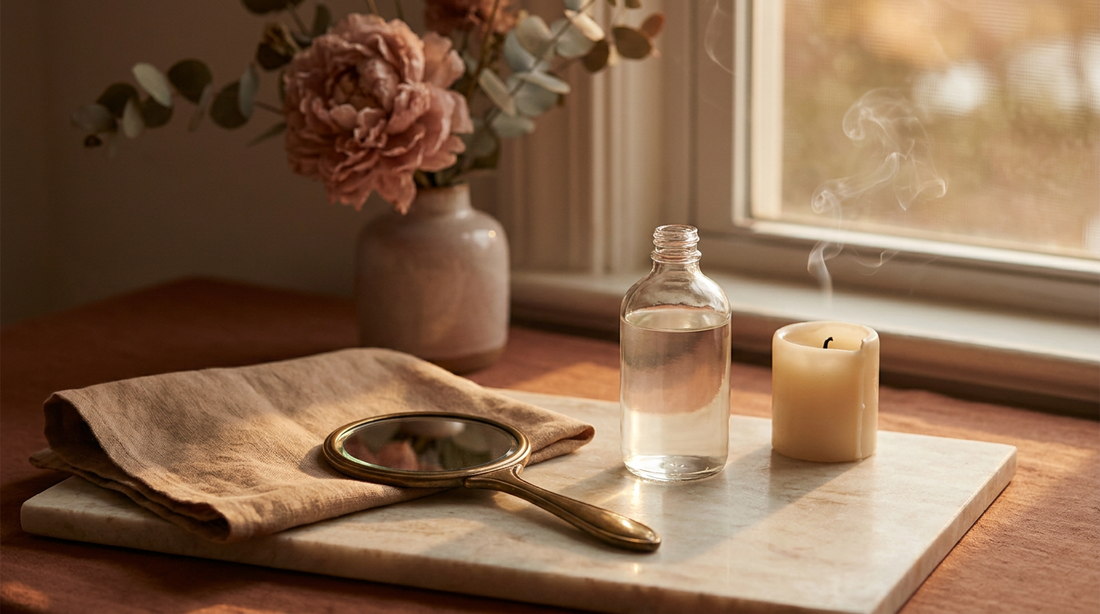 Dusty pink peony, brass mirror, generic bottle, cream candle on marble