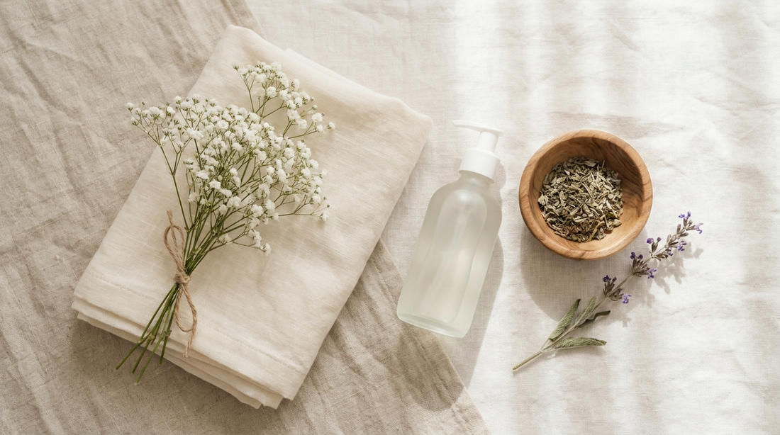 Soft baby breath flowers with cream linen, generic bottle, wooden bowl and sage