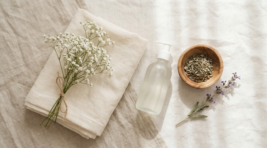 Soft baby breath flowers with cream linen, generic bottle, wooden bowl and sage