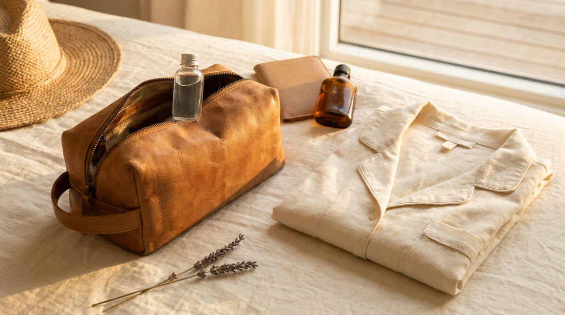 Open tan leather toiletry bag with travel essentials on cream linen
