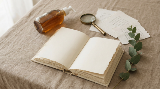 Open linen-bound book with generic bottle, magnifying glass, and torn paper notes
