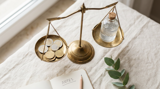 Brass scale weighing coins against a generic clear bottle on cream linen