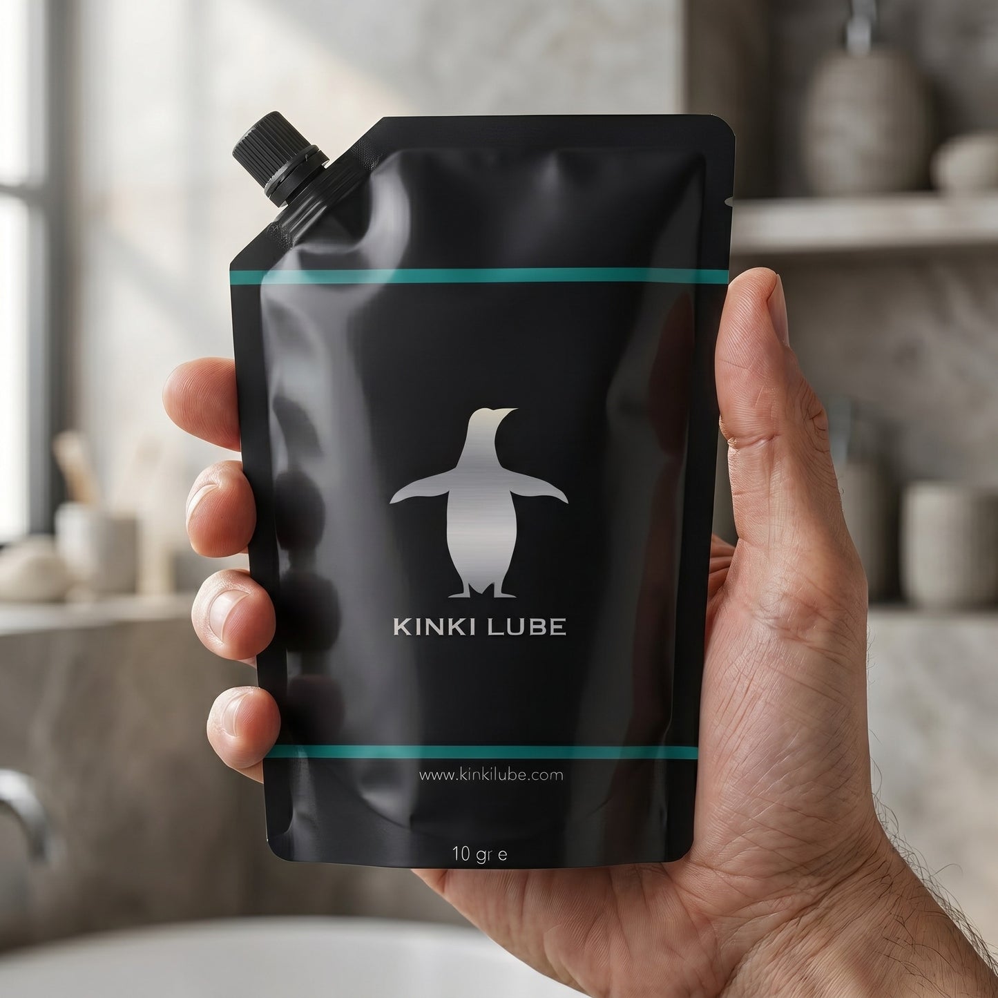 KinkiLube pouch held in hand