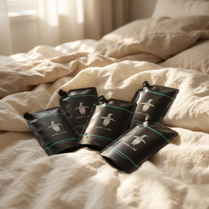 KinkiLube pouches scattered on linen sheets
